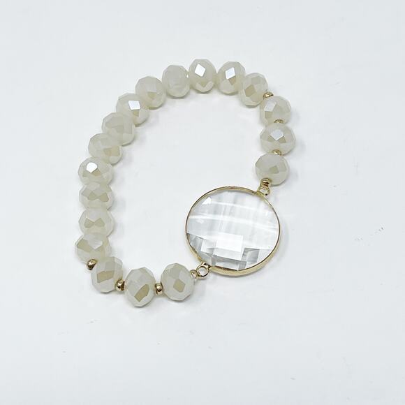 Cream Beaded Stretch Bracelet with Clear Gemstone Charm Fashion Statement - Picture 3 of 8